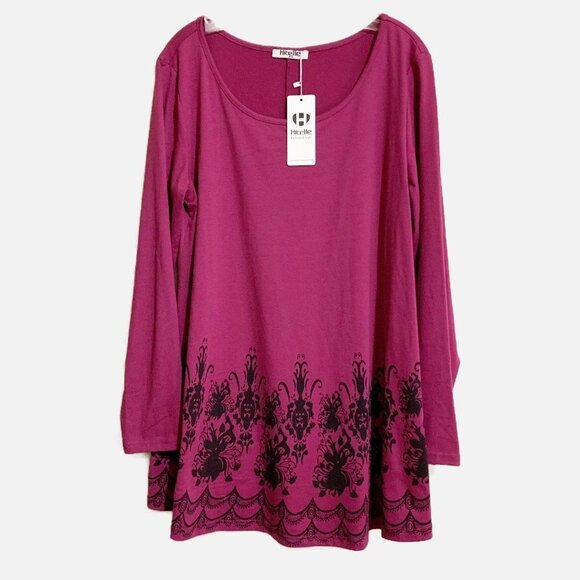 Hibelle Tops - Hibelle Soft Knit Wine Magenta Black Floral Print Long Sleeve Tunic. SXXL NWT